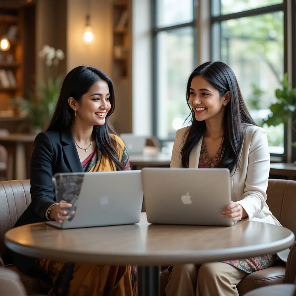 Two Indian female clients of ASA Web Solutions discussing business ideas with laptops in a modern office café, showcasing trust and professionalism.