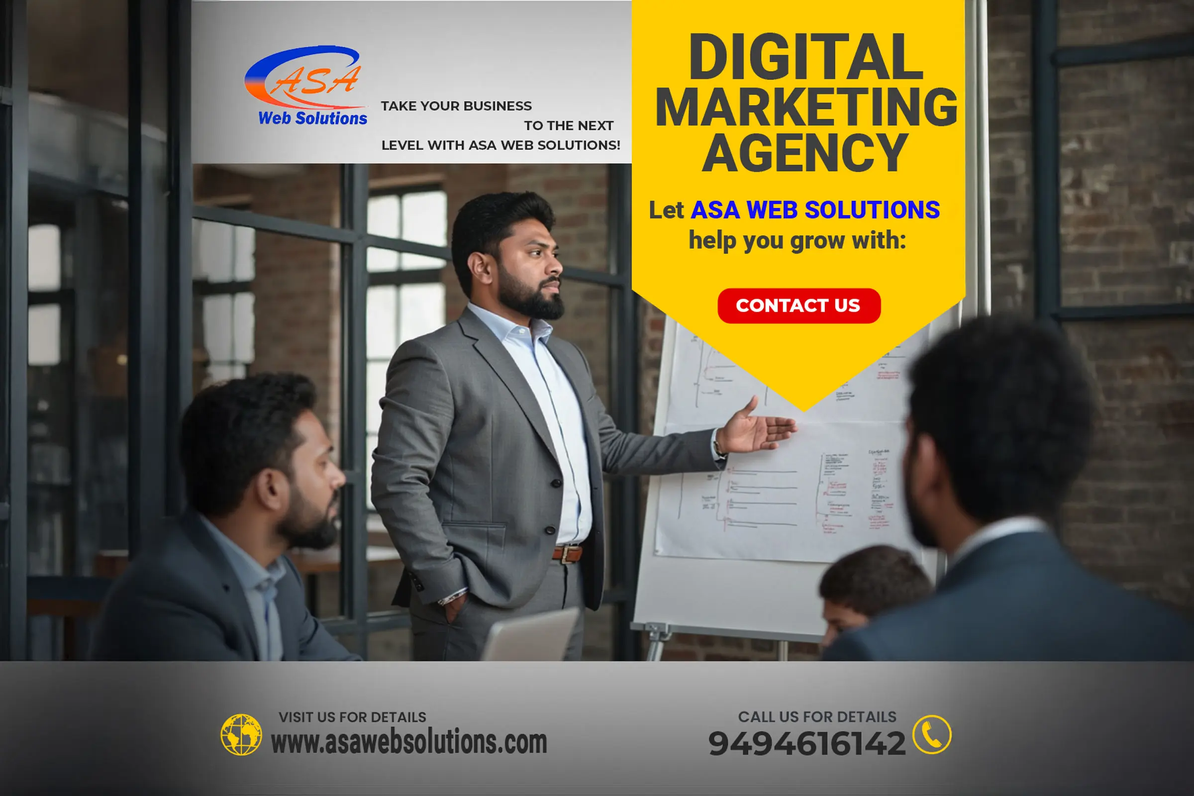 Business professional presenting a digital marketing strategy at ASA Web Solutions meeting, with team members listening and a presentation board in the background.