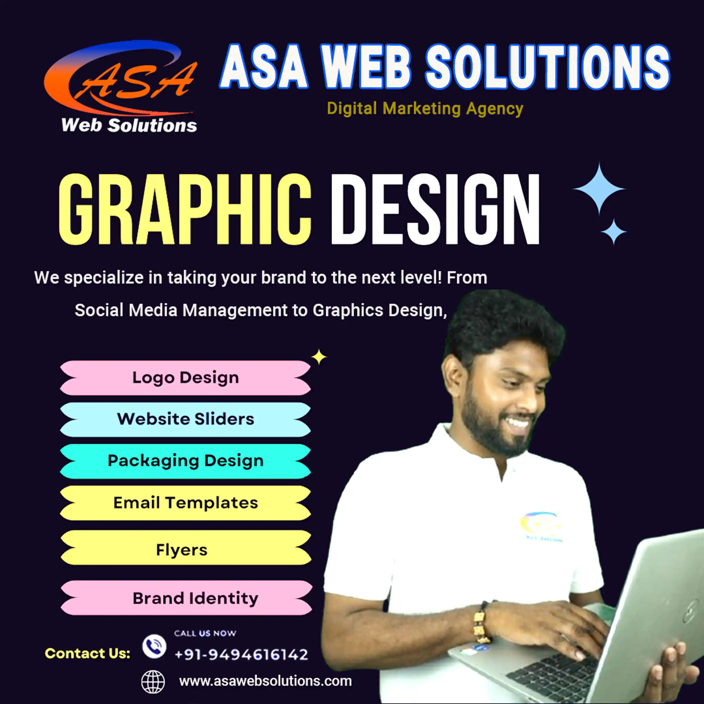 A graphic designer from ASA Web Solutions working on a laptop, showcasing creative graphic design services including logo design, website sliders, packaging design, email templates, flyers, and brand identity.