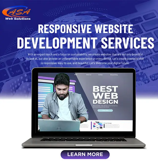 Professional website developer working on a laptop, showcasing ASA Web Solutions responsive website development services with modern design.