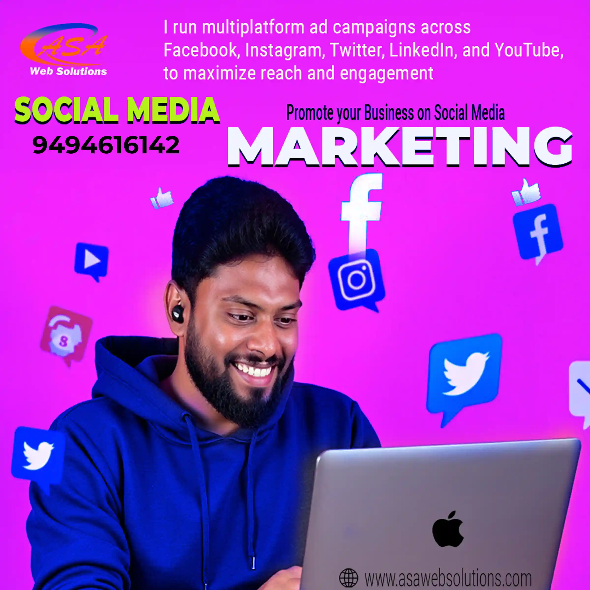 ASA Web Solutions – Social Media Marketing services with ad campaigns on Facebook, Instagram, Twitter, LinkedIn, and YouTube.